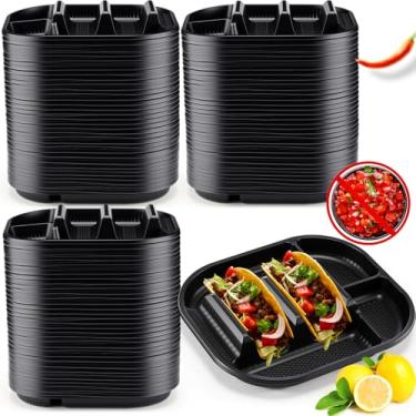 Imagem de Baderke Pacote com 150 pratos descartáveis de taco, placas de suporte de taco de PP com 2 divisórias para conchas macias e duras para terça-feira, festas, piqueniques, bandejas resistentes para tacos