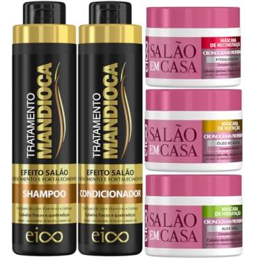 Imagem de Kit Mandioca Shampoo 800ml Condicionador 750ml 3 Máscaras Cronograma Hidratação Nutrição Reconstrução 270g