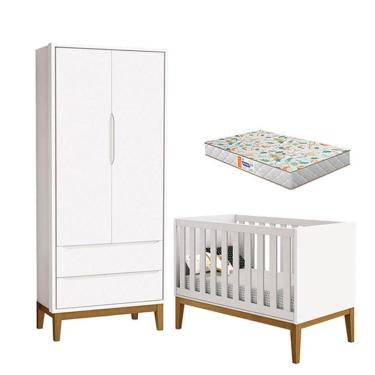 Imagem de Berço Americano E Guarda Roupa 2 Portas New Classic Branco Com Pés Madeira E Colchão Gazin - Reller