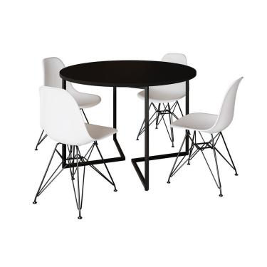 Imagem de Mesa Industrial Jantar Redonda Preta 110Cm Base V Com 4 Cadeiras Eames Brancas Ferro Preto Preto