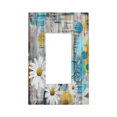Imagem de BHGAHD Capas de tomada decorativas com margaridas brancas em um design de placa de madeira cinza, 1 interruptor de luz de balancim, capas de interruptor de luz decora único GFCI placa frontal para