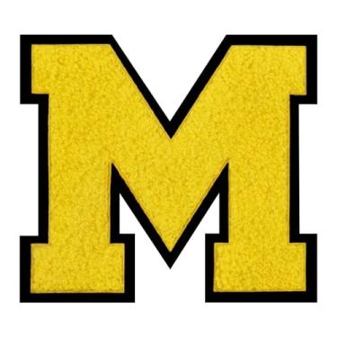 Imagem de 1 PÇ Patch de letra de chenille amarelo de 15 cm com borda preta – Remendos do alfabeto para roupas, jaquetas, mochilas, chapéus para decoração personalizada, nome personalizado e artesanato. (M)