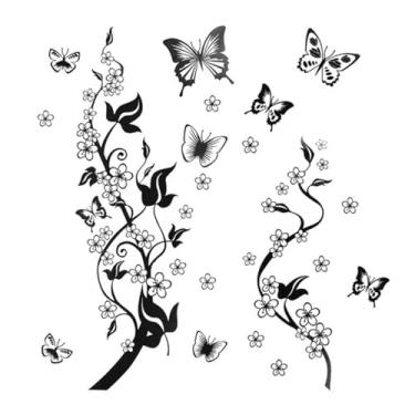 Imagem de Decalque de parede de videira de flores pretas adesivos de parede de PVC com borboleta floral - Decoração de arte removível - Decorações de quarto murais de sala de estar sofá pano de fundo TV