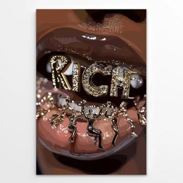 Imagem de Impressões de arte de parede em tela de menina negra mulher negra afro-americana pôsteres lábios arte imagens moda abstrata boho arte para quarto banheiro sala de estar decoração de casa 30 x 45 cm