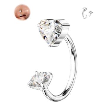 Imagem de Jewseen Piercing de nariz em ferradura de coração 20G 7 mm piercing labial sem rosca piercing de nariz de aço cirúrgico 316L para mulheres zircônia cúbica dupla septo lábio daith concha piercing joias