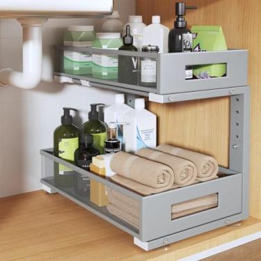 Imagem de Pacote com 1 organizador de pia de 43 cm de profundidade, organizador de armário de 2 camadas com trilho circular liso, gavetas deslizantes de malha metálica de grande capacidade para armazenamento de