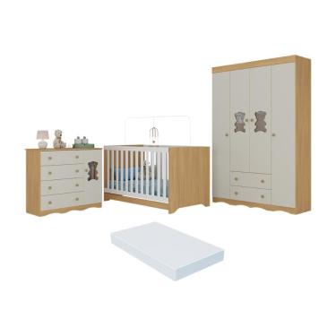 Imagem de Quarto De Bebê Completo Berço Americano 3 Em 1 Colchão Doçura Multimóveis MP4662 Madeirado-off White