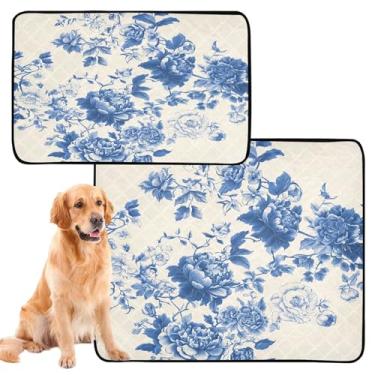 Imagem de CEBUGI Almofadas de xixi laváveis para cães, pacote com 2, almofadas impermeáveis para filhotes de cachorro, antiderrapante, à prova de vazamento, para cama de cercadinho, azul, branco, floral