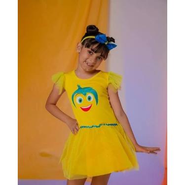Imagem de Fantasia Infantil Amarela comdo filme Dvertidamente Personagem Alegria, Vestido Tutu com Mangas de Tule, Roupa Temática para Meninas - Tam 6 anos