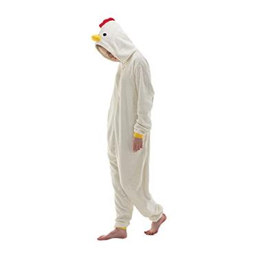 Imagem de COSUSKET Pijama unissex para adultos, flanela cosplay animal, peça única, fantasia de Halloween, roupa de dormir para casa, Frango, X-Small