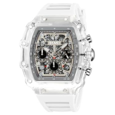 Imagem de MASTOP Relógios masculinos modernos vazados Tonneau crânio transparente, mostrador analógico, pulseira de silicone, cronógrafo, calendário, quartzo, impermeável, tendência, relógio de pulso masculino