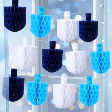 Imagem de Feifeiya 12 peças de decorações de Hanukkah guirlanda de 14 cm azul branco Dreidels enfeites de favo de mel Chanucá decoração de pendurar para decorações de festa de Hanukkah Dreidel decoração de