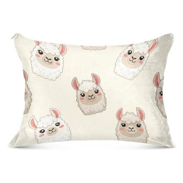 Imagem de Linda capa de almofada decorativa com zíper branco de lhama de desenho animado para fronha padrão Queen King capa de travesseiro artística extra macia, tamanho Queen, 50,8 cm x 76,2 cm