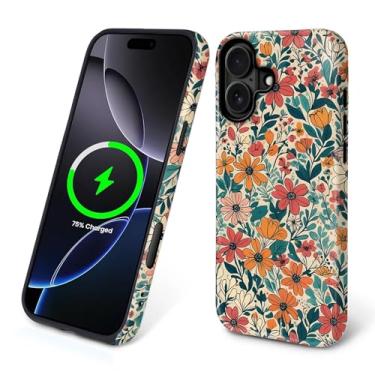 Imagem de TAMEFOX Capa para iPhone 16 Plus, [compatível com MagSafe], capa magnética protetora contra arranhões para mulheres e meninas - flores coloridas retrô
