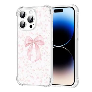Imagem de Vulfwela Capa para iPhone 14 Pro de 6,1 polegadas com laço rosa, linda estampa de flores estéticas rosadas, capa de telefone transparente para mulheres e meninas, antiamarelamento, antiqueda, à prova