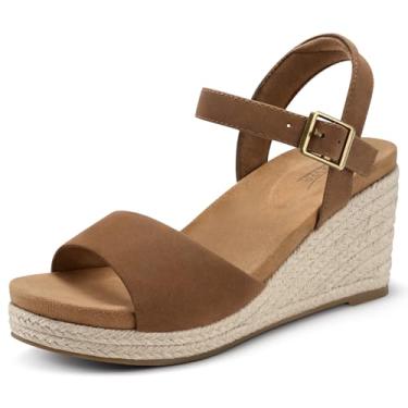 Imagem de SHIBEVER Sandálias femininas plataforma plataforma: espadrille elegante confortável verão dedo aberto tira no tornozelo fivela feminina sandália, Bronzeado, 36