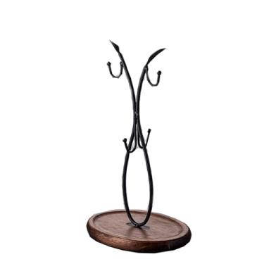 Imagem de LNQKJXIIA Boutiques US Suporte de árvore de madeira de ferro com 4 ganchos, suporte de copo de bancada com base antiderrapante, suporte de armazenamento feito à mão para copos, bules de chá (preto)