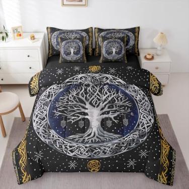 Imagem de Erosebridal Jogo de cama Queen geométrico da árvore da vida, vintage, árvore viking, com lençol de cima, estilo nórdico antigo, 7 peças, estilo étnico, tribal nórdico, conjunto de edredom