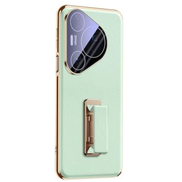 Imagem de LTLMYDAM Capa de revestimento para Huawei Pura 80 Ultra/80 Pro/80Pro+/80, capa de couro com mini suporte ajustável, proteção para câmera, verde, 80
