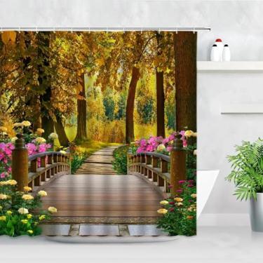 Imagem de Cortinas de chuveiro de jardim estilo europeu flores planta paisagem urbana decoração de pátio cortina de banheiro impermeável tela de banho 90 x 195 cm/LxA cortina de chuveiro de tecido