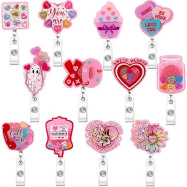 Imagem de Tinlade 12 peças de carretéis de crachá de dia dos namorados, porta-crachás rosa com glitter, etiquetas de nome fofas, clipe de jacaré de acrílico, adorável presente de dia dos namorados para
