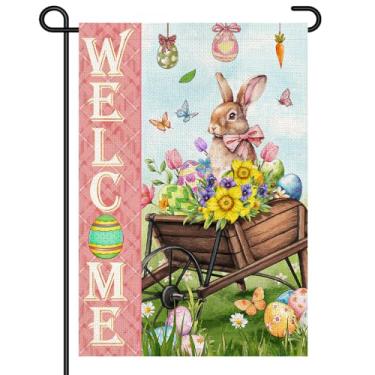 Imagem de Welcome Easter Garden Bandeira 30,5 x 45,7 cm Placa de quintal pequeno dupla face com coelho carrinho de mão flores e ovos primavera decoração ao ar livre para varanda gramado jardim DF1082