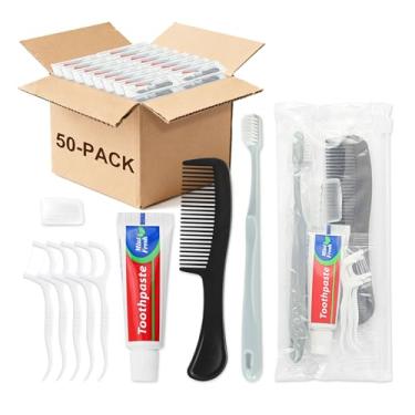 Imagem de Lilingsty Kit de escova de dentes de viagem a granel, conjunto de pasta de dente de escova de dentes, kit de higiene a granel com palhetas de fio dental, pente, estojo protetor, embalado