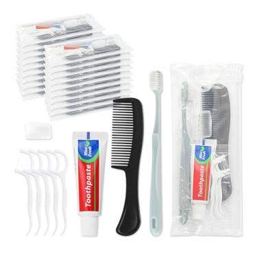 Imagem de Lilingsty Kit de escova de dentes para viagem, conjunto de pasta de dentes, kit de higiene a granel com palhetas de fio dental, pente, estojo protetor, embalado individualmente, adequado para casa