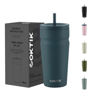 Imagem de COKTIK Copo isolado de 590 ml com tampa e canudo 2 tampas (canudo/lipo) copo de café gelado reutilizável de aço inoxidável garrafa de água porta-copos amigável para mulheres homens ela ele (neblina