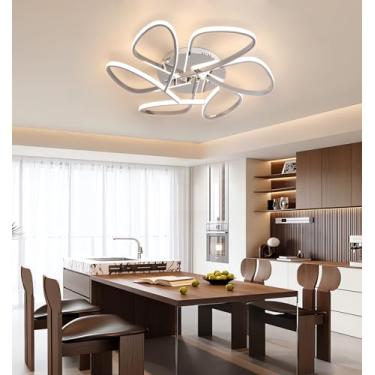 Imagem de Luminária de teto LED com controle remoto, moderna e dimerizável, com estrutura metálica embutida, ideal para salas de estar, quartos, salas de jantar e escritórios (cromada, 75 cm).