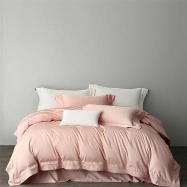 Imagem de Conjunto de cama em cetim de algodão, cor sólida, macio e sedoso, com capa de edredom, lençol de baixo, lençol de baixo com elástico e fronhas, rosa. Lençol de baixo com elástico de 1,5 m.