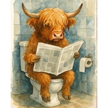 Imagem de Pintar por número para adultos - pintar por números vaca Highland, pintura engraçada de animais por números para decoração de parede de casa, ler no vaso sanitário tintas por número, kits de pintura a