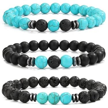 Imagem de Conjunto de 3 pulseiras de pedras elásticas com contas para mulheres, homens, casais, pulseira combinando olho de tigre vulcânica pedra obsidiana cristal preto joias de aniversário presentes para ele