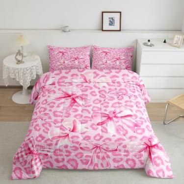Imagem de Conjunto de edredom com laço de leopardo rosa fofo conjunto de cama com 1 fronha estilo princesa microfibra crianças solteiro gravata borboleta kawaii rosa decoração de quarto edredom edredom