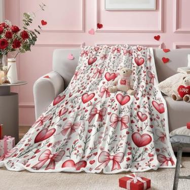 Imagem de Cobertor de dia dos namorados para meninas e mulheres, rosa vermelho lindo coração flor laço cobertores românticos para aniversário de casamento, dia dos namorados, cadeira de casa, sofá, cama