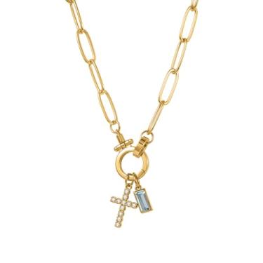 Imagem de MYDIY Colar feminino com pingente de cruz de pedra do mês de nascimento banhado a ouro, corrente delicada em camadas, presente inicial personalizado, joia cristã, pingente de cruz de fé, presente de