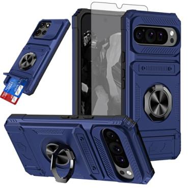 Imagem de Furiet Capa de celular para Google Pixel 9 Pro XL com protetor de tela de vidro temperado compartimentos para cartões, suporte de anel de silicone à prova de choque, híbrido, duas camadas, defensor