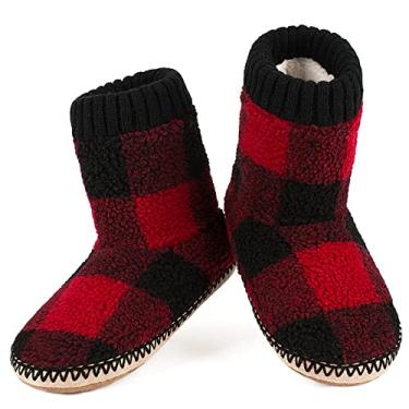 Imagem de Botas masculinas aquecidas para casa, meias de lã de ovelha felpuda grossa mocassim de inverno, solas antiderrapantes, confortáveis e confortáveis para uso interno, Xadrez vermelho/preto, 8-9
