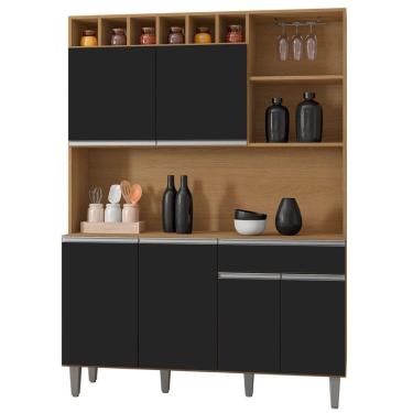 Imagem de Kit Armário Cozinha Compacta Alice 6 Portas Amendoa Preto Ajl