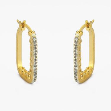Imagem de Brinco Argola Retangular Folheada A Ouro 18k Metade Cravejada Com Zircônia