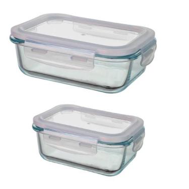 Imagem de Jogo 2 Potes de Vidro 350ml/620ml tampa Hermética Marmita Forno freeze