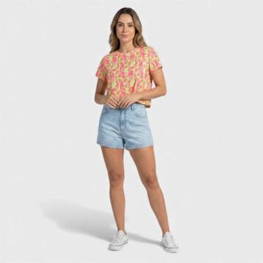 Imagem de Blusa Feminina Estampada Tropical Manga Curta - Rovitex, Rosa, M