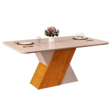 Imagem de Mesa p/ Cozinha Rubi c/ Tampo Madeirado c/ Vidro Curvo 170x90cm Cedro/