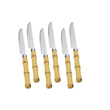 Imagem de Jogo 6 Facas Mesa com cabo Plástico Bambu Natural Talheres Aço Inox (7382)