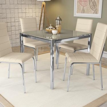 Imagem de Kit Conjunto Mesa Quadrada 4 Cadeiras 90 x 90 cm Sala de Jantar Cozinha Vidro Metal Cromado Nude