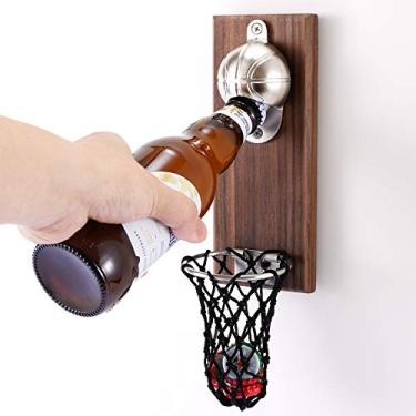 Imagem de Abridor de garrafas de basquete com coletor de tampas, abridor de garrafas de pasta magnética para geladeira, para amantes de basquete e cerveja, use como decoração de bar.