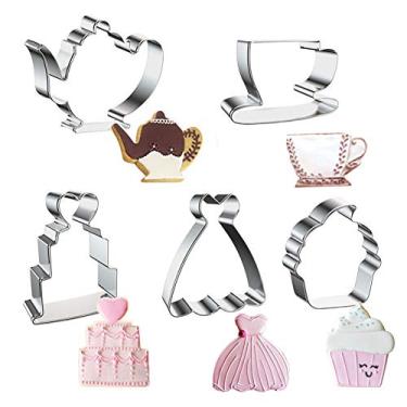 Imagem de Conjunto de cortadores de biscoito de chá, 5 peças de bule de chá kit de cortadores de biscoito de aço inoxidável metal cupcake e moldes de vestido de princesa para decorações de bolo de chá