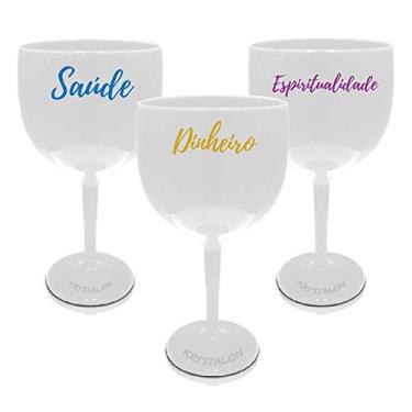 Imagem de Kit 3 Taças Gin Brancas Personalizadas Saúde, Dinheiro & Espirit.