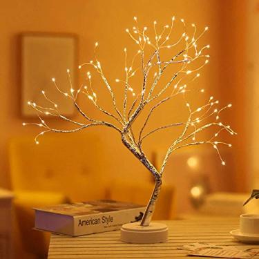 Imagem de JFRISING Luz LED de árvore cintilante, luzes de árvore de fio de cobre bonsai, alimentado por USB e bateria, 50 cm 108 LED, luminária de mesa DIY para decoração de casa, placa de casamento, barra de festivais (branco quente)