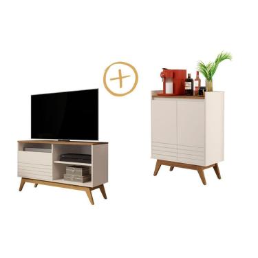 Imagem de Conjunto para Sala de Estar com Buffet Retro Eros e Rack Pequeno Fenix Off White/Freijo Giga Móveis